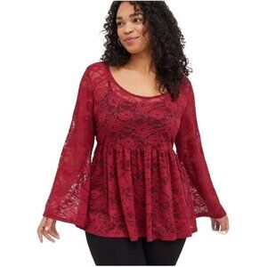 Torrid Babydoll Burgundy Lace Bell Sleeve Top Size 2‎
